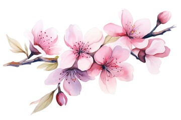 A vibrant painting featuring a bunch of pink flowers set against a clean white backdrop, Watercolor cherry blossom, Vector illustration isolated on a white background, AI Generated