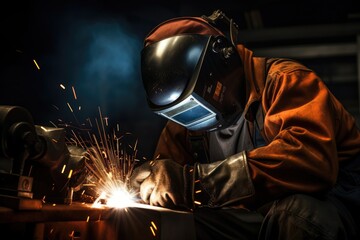 A skilled welder diligently working on a piece of metal fabrication in a well-lit workshop, Welder in welding helmet working on metal with sparks in a dark room, AI Generated