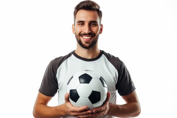 Enthusiastic Soccer Player Proudly Holds The Ball, Isolated On White Background