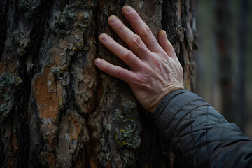 Close up, a man's hand touch the tree trunk