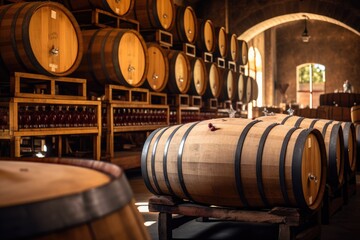 An expansive room packed to the brim with an abundance of wooden barrels, winery with wine wooden barrels, AI Generated