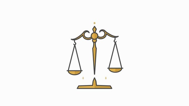 Golden traditional balance scale flat animation video with weights against, Empty dishes moving up and down trying to find their balance. Seamless looping. Antique jewelry scale. 4k transparent video