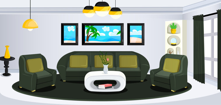 Modern Living Room with Sofa Set, Coffee Table, Open Display Cabinet, Window, Picture Frames and Ceiling Lamps 