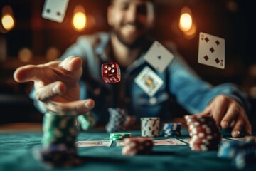 Man Throwing Dice And Playing Cards At Casino, Immersed In Gambling - obrazy, fototapety, plakaty