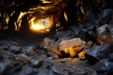 A captivating view inside a cobalt mine, where the exit glows with a golden light illuminating the dark rocks.