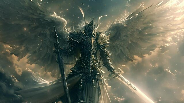 A celestial guardian adorned in dark armor with their wings spread wide wields a flail and stands ready to protect their brethren in battle.