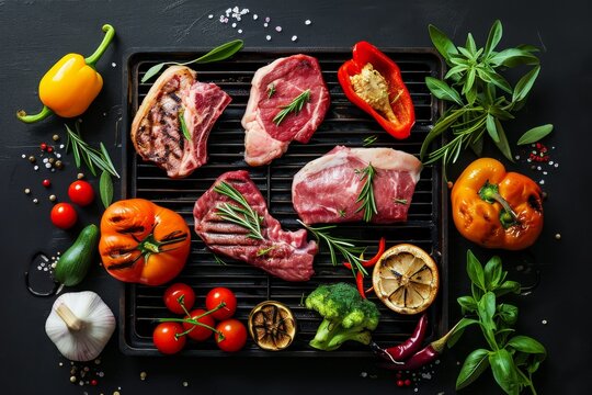 Fresh meat and vegetables on grill placed on dark background