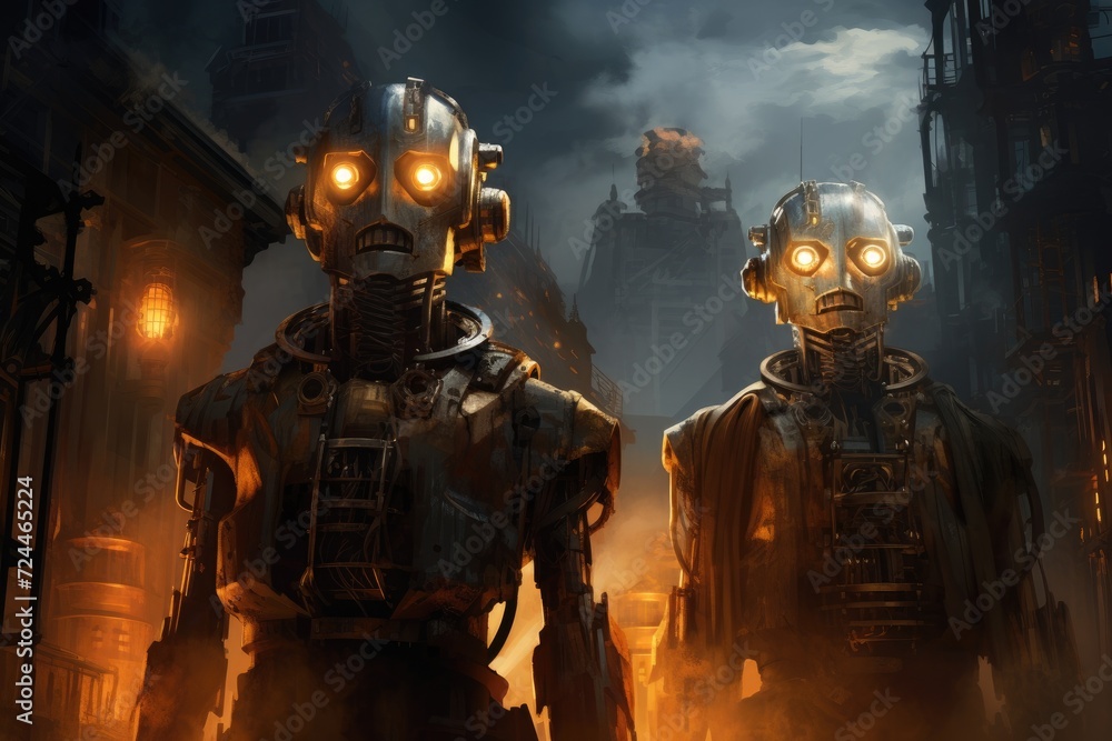 Poster two robots standing together in a close proximity, side by side, mechanical guardians, an image feat