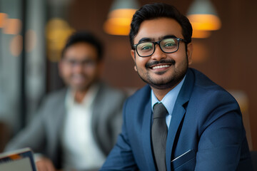 Generative AI Image of Indian Businessman with Happy Expression in Office - obrazy, fototapety, plakaty