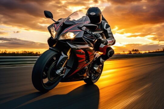 Person Riding Motorcycle on Road, A Thrilling Journey Through, Motorcycle rider on a sport bike speeds along a race track at sunset, Extreme athlete in Sport Motorcycles Racing, AI Generated
