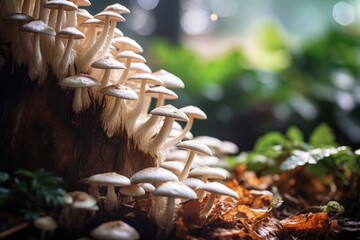 A collection of mushrooms sitting on top of the ground in a forest., Mushroom cultivation in the wild, captured in a close-up shot with selective focus, AI Generated