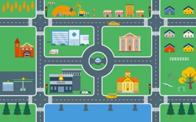 Lovely city, City map, map, cityscape  vector illustration, design elements with road, park, transport,  buildings, for kids play mat. © Nikhom