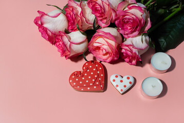 Valentine's Day. International Women's Day. Mothers day. Red hearts and craft gifts on a white wooden background. Copy space.