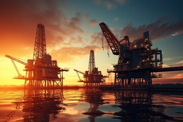 Fototapeta na wymiar Oil Rigs in the Middle of the Ocean at Sunset, Oil and gas industry background featuring a platform for the production of petroleum products, AI Generated
