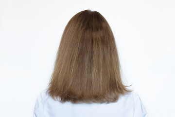 Fototapeta premium Back view of a woman with damaged dry hair and split ends, isolated on a white background. Concept of health, beauty and keratin treatment for curly or frizzy hair. Model with brown long hair