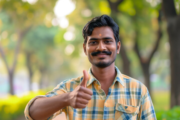 Naklejka na ściany i meble Generative AI Image of Indian Man Giving a Thumb Up with Smiling Expression in Park