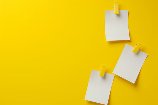 White colored blank empty unfilled 3 paper sheets or sticky notes isolated on copy space yellow background, front view of adhesive paper notes, 3 paper office stickers with shadows, empty 3 text boxes