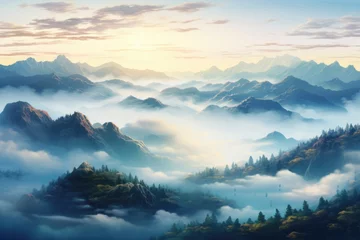 Fotobehang A stunning painting of a mountain landscape featuring fluffy clouds and lush trees., Photo-realistic illustration of mist-covered mountains in the morning, AI Generated © Iftikhar alam