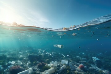 Fototapeta na wymiar Ocean Pollution, Massive Collection of Floating Trash Endangering Marine Life and Ecosystems, Plastic waste in the sea, Concept of environmental pollution, 3D rendering, AI Generated