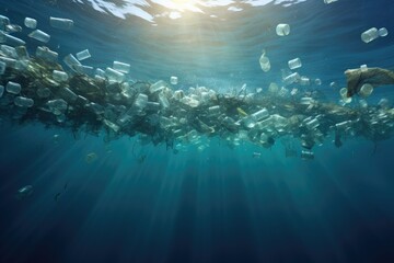Naklejka premium Extensive Accumulation of Waste Found Floating in the Ocean, Plastic waste in the sea, Concept of environmental pollution, 3D rendering, AI Generated