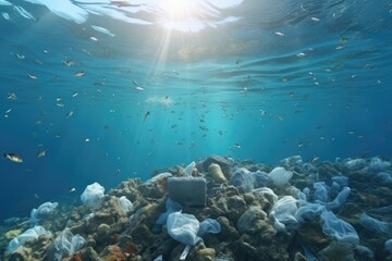 Enormous Quantity of Floating Ocean Trash Threatening Marine Ecosystems, Plastic waste in the sea, Concept of environmental pollution, 3D rendering, AI Generated
