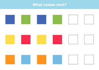 What comes next figures. Educational logical game for kids. Complete the sequence. Activity page for children.