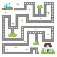 Maze game for kids. Help car to get home. Printable labyrinth activity for children