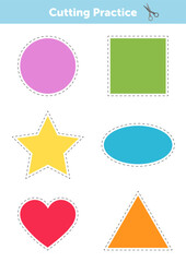 Cutting practice for kids. Geometric shapes. Circle, oval, square, triangle, star, heart. Education developing worksheet. Activity page with pictures. Color game for children