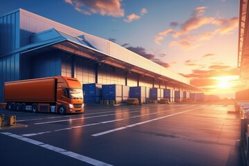 A massive truck sits parked in front of a towering building, creating a striking visual contrast, Realistic rendering of a logistic business transport warehouse dock station, AI Generated - obrazy, fototapety, plakaty