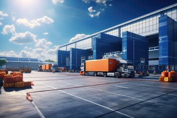 Large Truck Parked in Front of Building, Industrial Vehicle Standing in Front of Commercial Structure, Realistic rendering of a logistic business transport warehouse dock station, AI Generated - obrazy, fototapety, plakaty