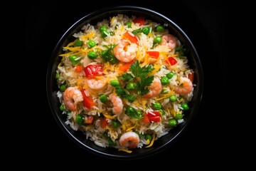 Plate of Rice With Shrimp and Peas, A Delicious and Nutritious Meal, Rice with vegetables and shrimps on a black background is showcased in a top view, AI Generated
