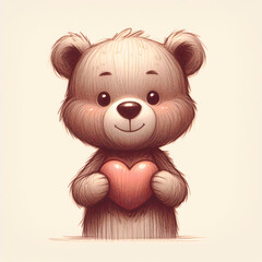 Fototapeta premium A delightful illustration depicts a smiling brown bear holding a glossy heart, exuding joy and love, perfect for conveying messages of warmth and affection. 