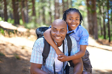 Happy father, portrait and child hug in forest for family bonding, adventure or outdoor journey in...