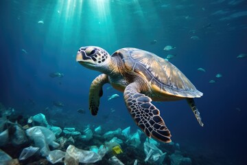 Turtle Swimming in Ocean Surrounded by Trash, Sea turtle surrounded by plastic garbage in the ocean, Concept of nature pollution, AI Generated