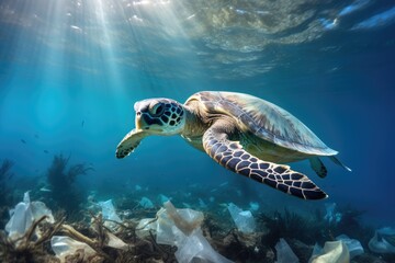 Fototapeta premium A turtle gracefully swims in the ocean, navigating through a sea of discarded waste, Sea turtle surrounded by plastic garbage in the ocean, Concept of nature pollution, AI Generated