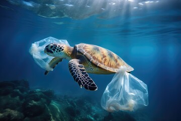 Fototapeta premium Turtle Swimming in Ocean With Plastic Bag, Sea turtle with plastic bags in the ocean, Concept of environmental pollution, AI Generated