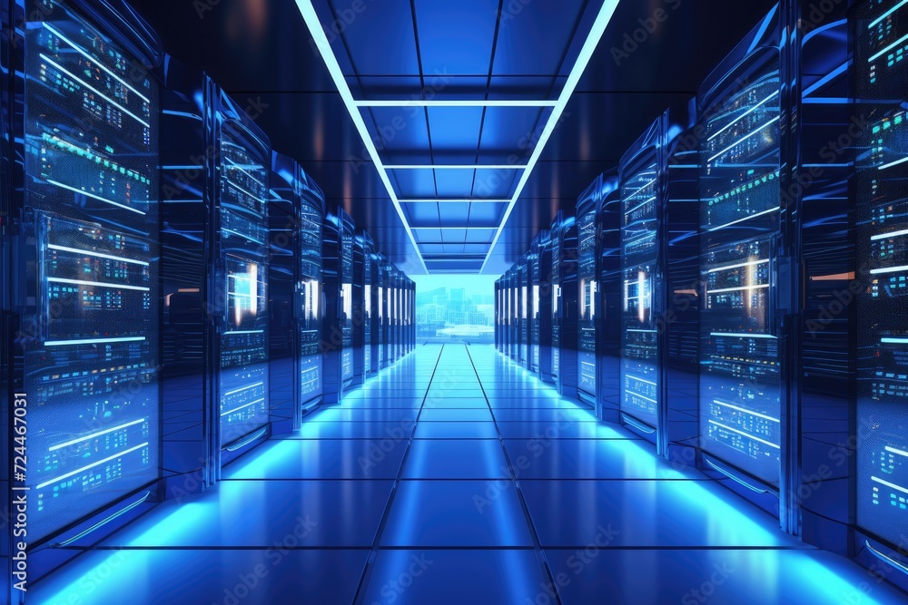 Aufkleber a view of a data center with multiple rows of servers illuminated by blue lights, server room data c