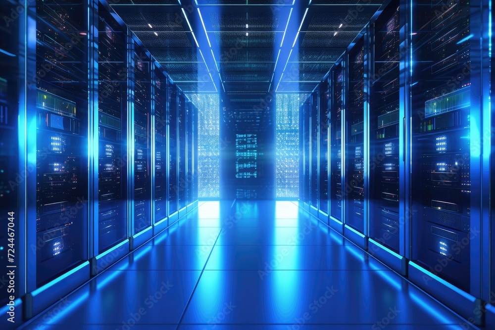 Poster a long hallway filled with rows of servers in a data center, server room data center featuring rows 
