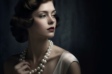 Elegant woman wearing pearl necklace. Chic refined glamour female model with precious balls jewelry. Generate ai