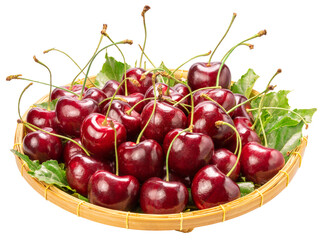 Sweet Red cherry in bamboo basket on white background, Red cherry with leaf isolate on white PNG File.