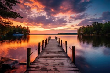 Dock Next to Body of Water, A Simple Structure for Docking Boats and Enjoying Lakeside Views, Small boat dock and a beautiful sunset landscape view with a huge lake, AI Generated - obrazy, fototapety, plakaty