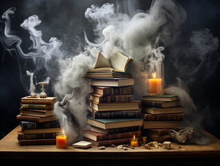 Stack of smoking books in a library 