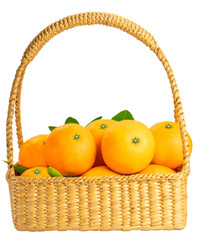 Fresh Orange fruit with leaf in Basket on white background. Japanese Ehime Orange isolate on white PNG File