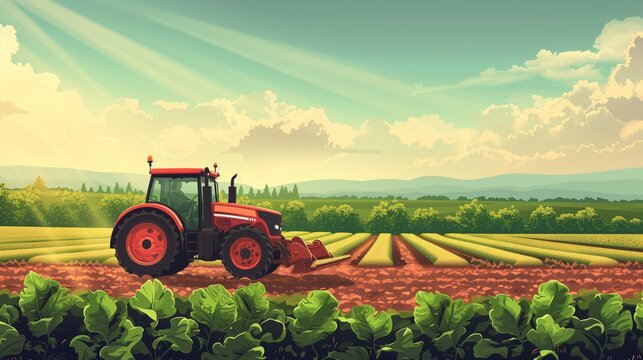 Tractor in an agricultural field, symbolizing the essence of farming, cultivation, and plant growth