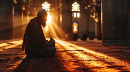 Foto op Plexiglas Young muslim man prayer hijab pray to God on blur mosque background concept for eid mubarak, life and soul fasting of international islamic ramadan sunlight. © Art Stocker