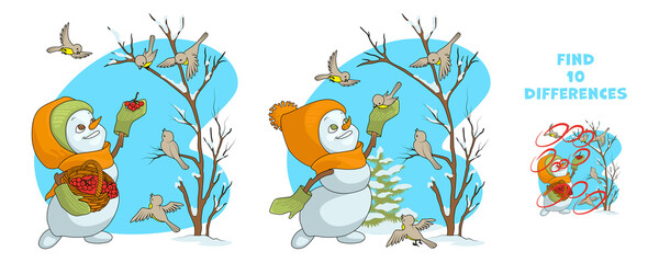 Find 10 differences. Cute snowman girl feeds birds in the winter forest. Educational game for preschool workbooks, printable and design.
