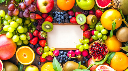 Compose an enticing backdrop using potassium-rich fruits, incorporating a central white board for copy space