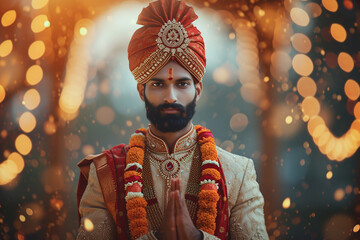 Generative AI Image of Indian Man Wearing Traditional Clothes on Bokeh Lights Background