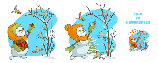 Fototapeta na wymiar Find 10 differences. Cute snowman girl feeds birds in the winter forest. Educational game for preschool workbooks, printable and design.