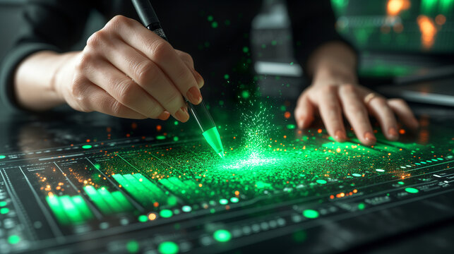 hand with a pen touches a digital screen, creating a burst of green particles, symbolizing digital interaction or design - Powered by Adobe